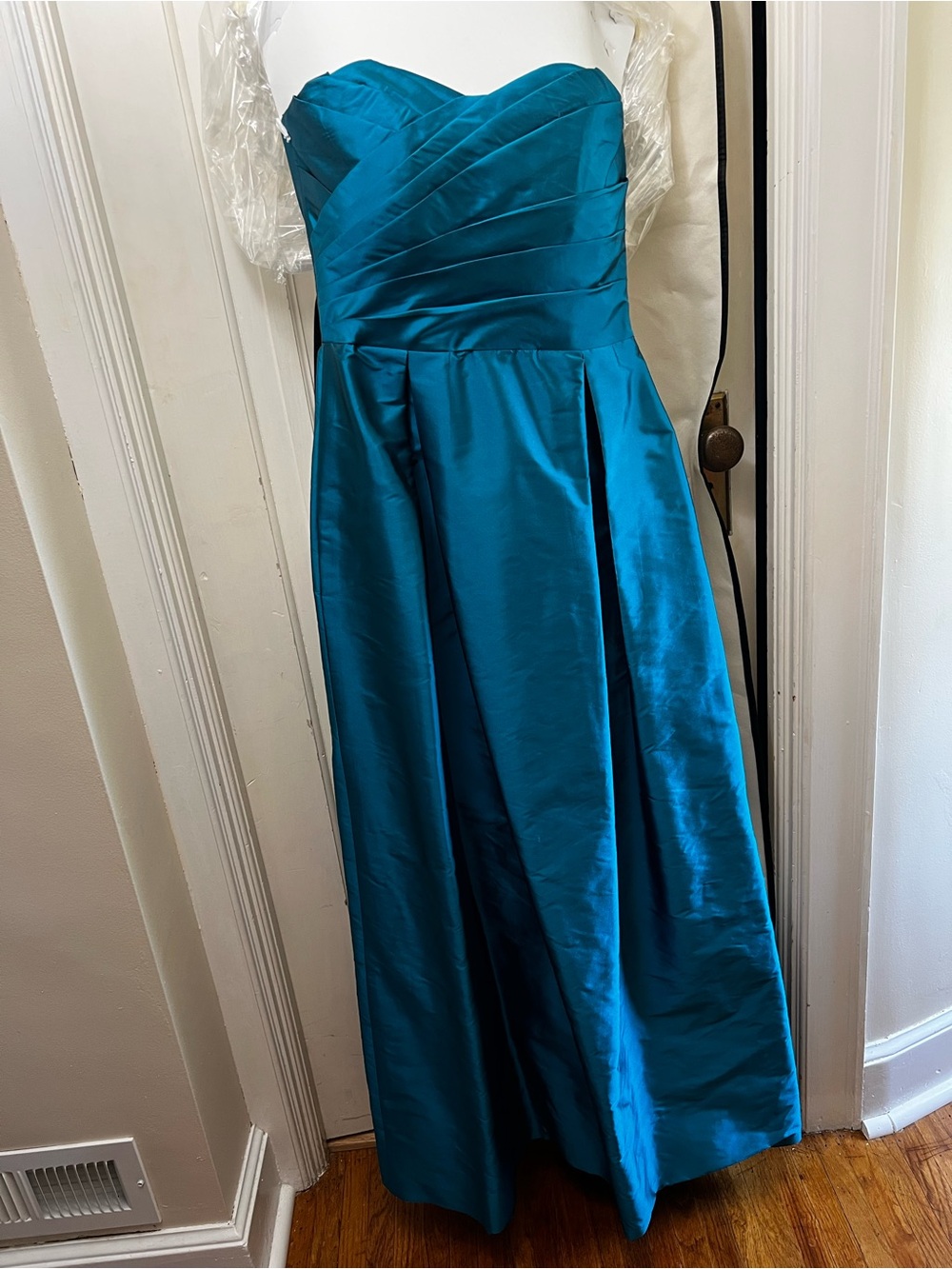 ALFRED SUNG Teal Strapless Satin Gown